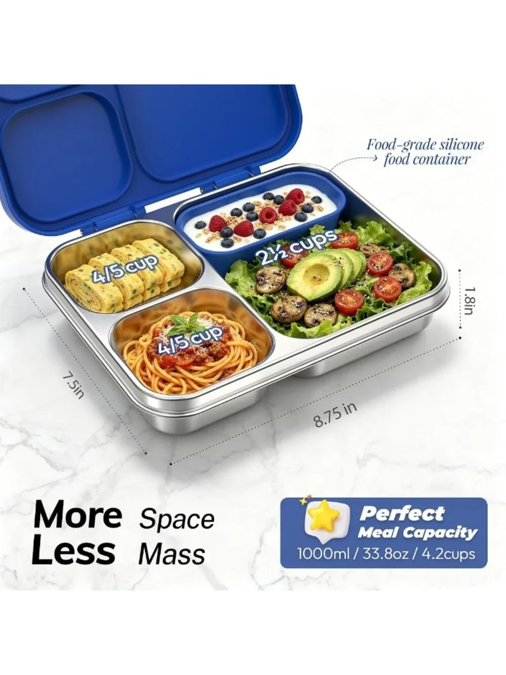 Leak-Proof Stainless Steel Bento Lunch Box, 3 Compartments, BPA-Free, 4.2 Cups